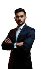 A sharply dressed Middle Eastern executive surrounded by glowing concentric rings, arms folded in still strength, representing strategic depth, balance