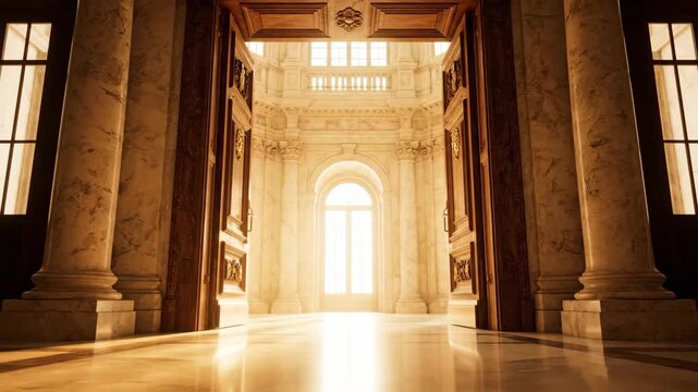 Grand Wooden Doors Slightly Open With Golden Light, Marble Pillars in a Large Hall