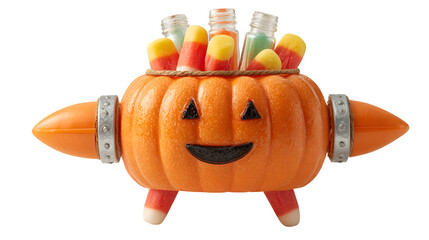 Pumpkin flying with rocket thrusters made of candy sticks, isolated on white