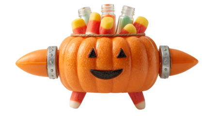 Pumpkin flying with rocket thrusters made of candy sticks, isolated on white