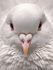 Hyper realistic close up of dove face with soft white feathers and expressive eyes in lifelike clarity