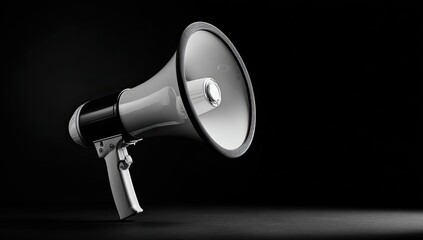 A grayscale megaphone, angled, against a dark background