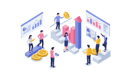 Business team analyzing financial growth with isometric graphs and charts