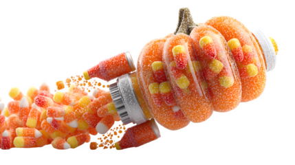 Pumpkin flying with rocket thrusters made of candy sticks, isolated on white