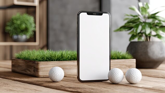 Smartphone mockup on wooden table, surrounded by golf balls and greenery