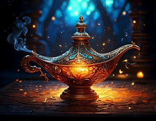Magical golden lamp, mystical scene