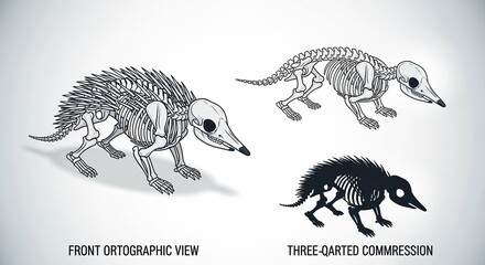 Echidna Anatomy Illustrated: This illustration offers an intricate glimpse into the skeletal structure of echidnas, showcasing their unique anatomy in both detailed and simplified views.