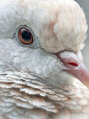 Hyper realistic close up of dove face with soft white feathers and expressive eyes in lifelike clarity
