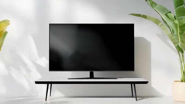 A flat-screen TV on a low stand in a bright minimalist living room, flanked by large potted plants.