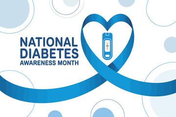National Diabetes Awareness Month banner featuring blue ribbon heart and blood glucose meter for diabetes prevention