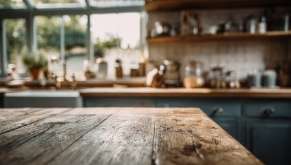 Wooden kitchen table top, blurred background of a light-filled kitchen with cabinets and windows