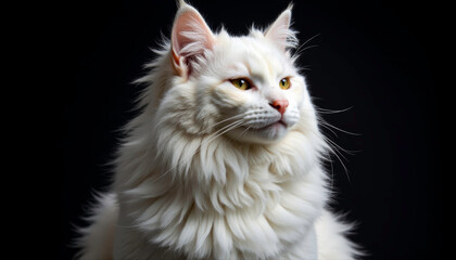 Obraz premium Fluffy white cat gazing to the side against a black background