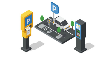 Isometric parking concept with ticket machines and parked car