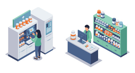 Obraz premium Isometric pharmacy interior with automated medicine dispensing machines and counter