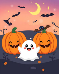 Halloween illustration featuring smiling cartoon pumpkins, friendly ghosts, and playful bats