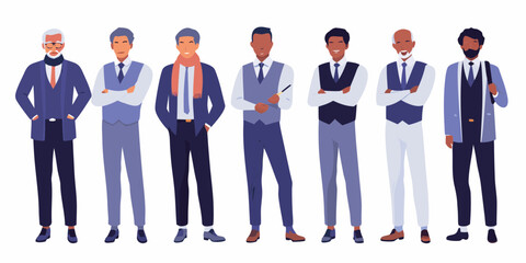 Diverse group of businessmen in stylish suits and professional attire standing together