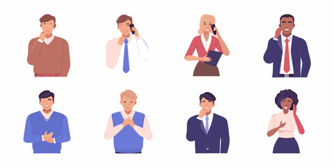 Diverse group of people in business attire making different gestures and expressions against a white background
