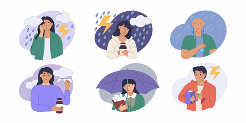 Fototapeta premium Collection of illustrations depicting people experiencing different weather conditions and emotional states some holding medication or drinks