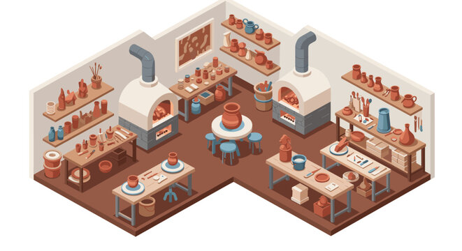 Isometric pottery workshop with ceramic tools and kilns in a creative studio setting