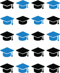Vector set of 16 graduation cap silhouettes in black and blue. Academic education icons for schools, colleges, universities, success, ceremony, and student achievement projects.
