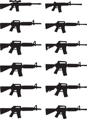 Collection of 16 firearm silhouettes including rifles, pistols, and assault weapons. Military, security, army, and defense-themed black vector icons for tactical design projects.
