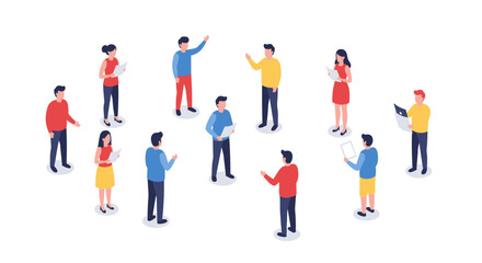 Isometric team collaboration concept with diverse group communication and interaction