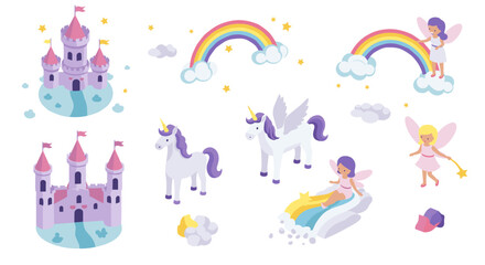 Enchanting fairy tale scene with unicorns, castle, and rainbows in isometric design