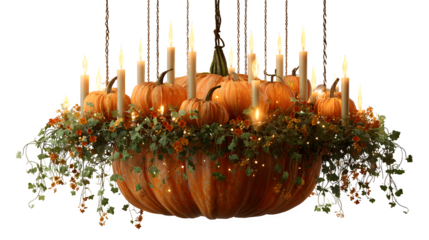 Pumpkin hanging upside down like chandelier with glowing candles, isolated on white