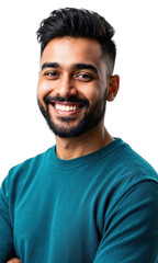 Fototapeta premium diverse young professional - A three-quarter shot of a smiling South Asian man with neatly trimmed beard wearing a teal