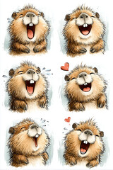 A series of cute animal faces, one of which has a heart. The faces are all smiling and appear to be happy