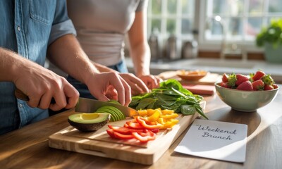 Naklejka premium Couple chopping fresh produce on a kitchen counter