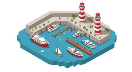 Isometric harbor scene with boats and lighthouses in a calm ocean