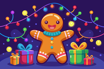 Obraz premium Festive Gingerbread Man with Gifts and Christmas Lights for Holiday Season