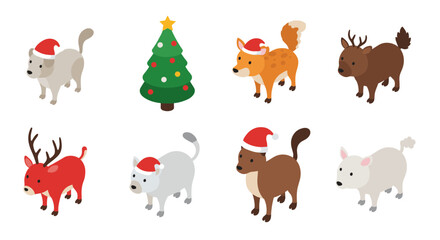 Fototapeta premium Festive animals with santa hats and christmas tree in isometric style
