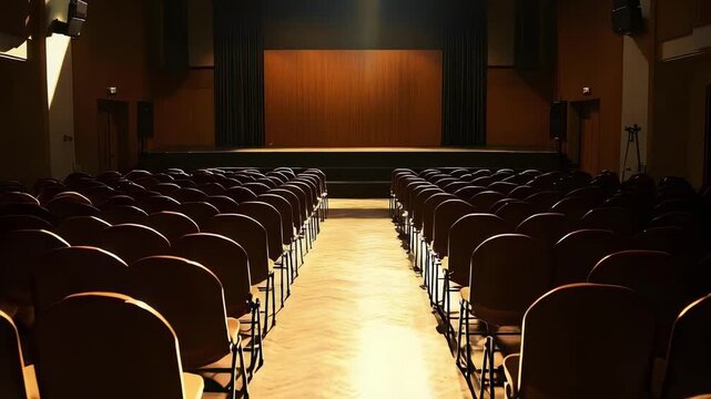 Empty theater with rows of brown seats facing a wooden stage and closed curtains.