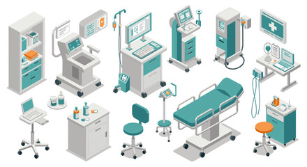 Obraz premium Isometric medical equipment set for modern healthcare facilities and hospitals