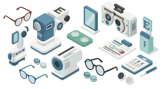 Isometric eyewear and vision testing equipment design for optical clinic themes
