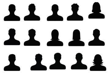 Collection of fifteen black silhouette head and shoulder outlines of various people types