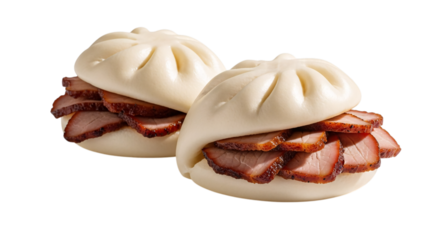 Two char siu bao steamed buns with pork isolated on transparent background