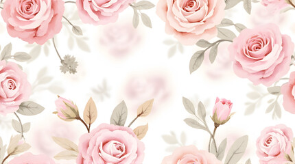 Pink Roses and Leaves Watercolor Floral Design for Invitation Background