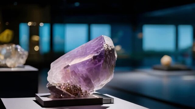 Purple amethyst crystal and other colorful minerals displayed on pedestals in a museum exhibit.