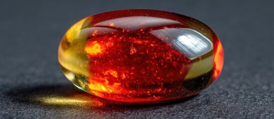 Translucent, amber-colored gemstone on a dark surface, glowing from within