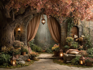 Cozy, enchanting garden scene features stone archway draped with curtains, surrounded by lush autumn foliage and warm lanterns. tranquil setting invites relaxation and wonder