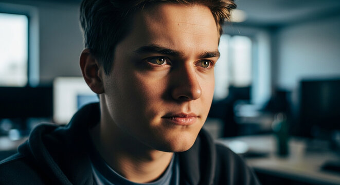A close-up portrait of a focused young man with thoughtful eyes working in a modern office environment.