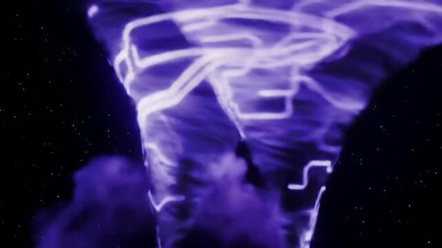 Abstract visualization of a futuristic technological vortex, a swirling purple funnel of energy with glowing digital circuit lines