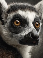 Obraz premium Hyper realistic close up of lemur with large round eyes and striped fur in lifelike wildlife portrait