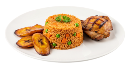 Jollof rice with fried plantain and grilled chicken, isolated on transparent background