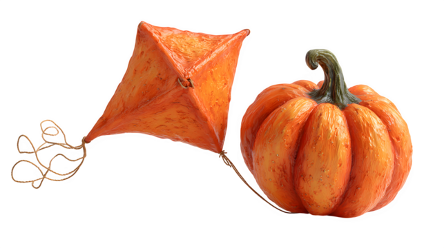 Pumpkin kite flying in air with string attached, candy tails, isolated on white