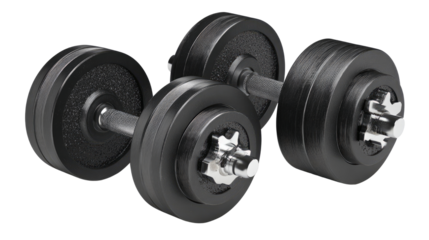 Pair of black adjustable dumbbells for weightlifting and fitness isolated on white background
