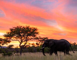 Silhouette of elephant at sunset in savanna